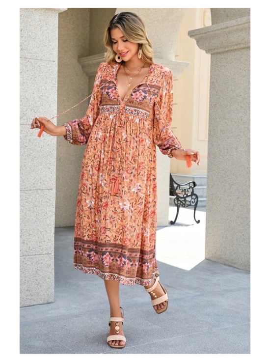 R. Vivimos Dresses & Skirts - R. Vivimos Peach Long Sleeve Floral Print Retro V Neck Tassel Bohemian Dress
